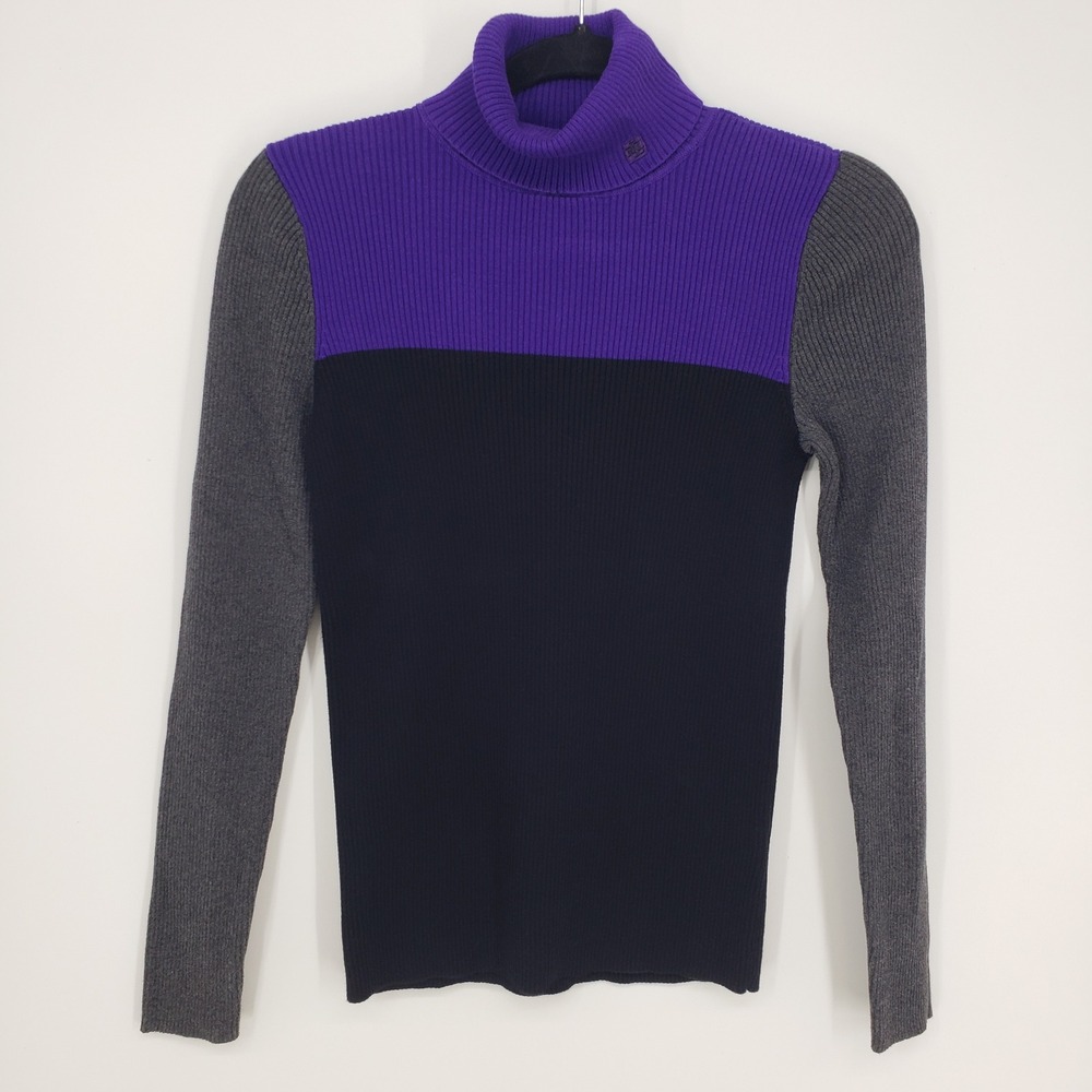 Ralph Lauren Colorblock Turtleneck Sweater Women Sz M Purple Ribbed Knit Preppy